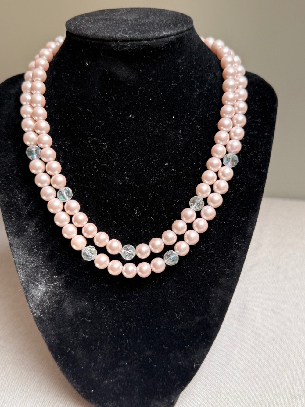 Vintage 1950s Richelieu Double Strand Pink Faux Pearls and Crystal Necklace